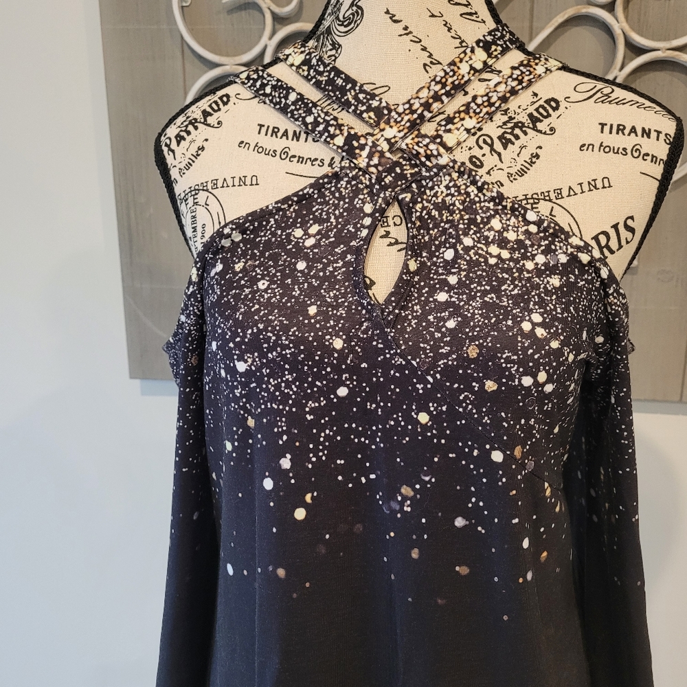 Long Sleeve Dress Crisscross Cold Shoulder PrintTop Black Dress Size Small